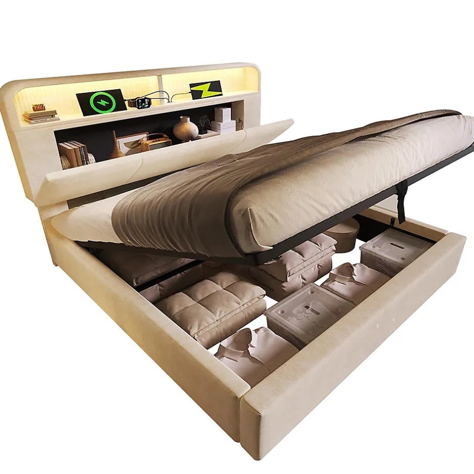 Blackcolors Lit double 140x200 cm, tête réglable, LED/USB, hydraulique, velours - beige Clearance