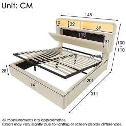 Blackcolors Lit double 140x200 cm, tête réglable, LED/USB, hydraulique, velours - beige Clearance