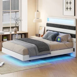 ProximaX Lit double 140x190 cm velours blanc et bleu, tête rayée réglable, LED tête/pied, ports USB et chargeur EU Online