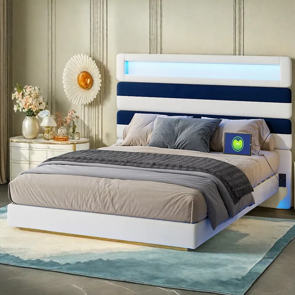 ProximaX Lit double 140x190 cm velours blanc et bleu, tête rayée réglable, LED tête/pied, ports USB et chargeur EU Online