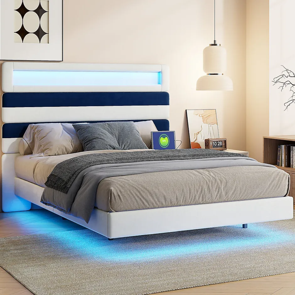 ProximaX Lit double 140x190 cm velours blanc et bleu, tête rayée réglable, LED tête/pied, ports USB et chargeur EU Online