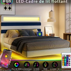 ProximaX Lit double 140x190 cm velours blanc et bleu, tête rayée réglable, LED tête/pied, ports USB et chargeur EU Online