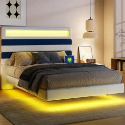 ProximaX Lit double 140x190 cm velours blanc et bleu, tête rayée réglable, LED tête/pied, ports USB et chargeur EU Online