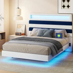 ProximaX Lit double 140x190 cm velours blanc et bleu, tête rayée réglable, LED tête/pied, ports USB et chargeur EU Online