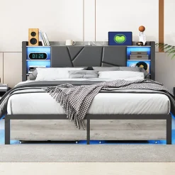 Fortuna lai Lit Double 160x200 Métal, Cadre de lit avec éclairage LED et Charge USB, Lit Double rembourré avec 2 tiroirs, Noir