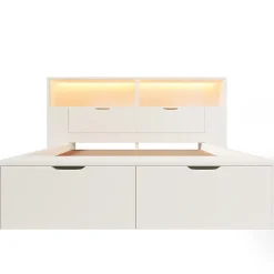 ModernLuxe Lit double 140x200cm - avec lumière LED et port USB - avec banc coffre - grand espace de rangement - Blanc (sans matelas) Sale