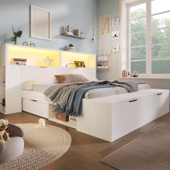 ModernLuxe Lit double 140x200cm - avec lumière LED et port USB - avec banc coffre - grand espace de rangement - Blanc (sans matelas) Sale