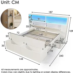 ModernLuxe Lit double 140x200cm - avec lumière LED et port USB - avec banc coffre - grand espace de rangement - Blanc (sans matelas) Sale