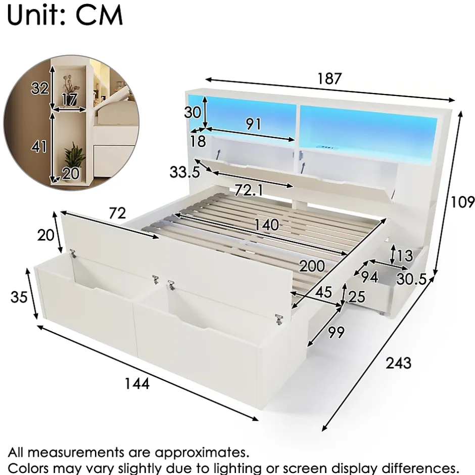 ModernLuxe Lit double 140x200cm - avec lumière LED et port USB - avec banc coffre - grand espace de rangement - Blanc (sans matelas) Sale