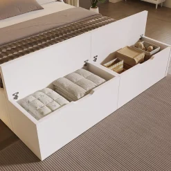 ModernLuxe Lit double 140x200cm - avec lumière LED et port USB - avec banc coffre - grand espace de rangement - Blanc (sans matelas) Sale