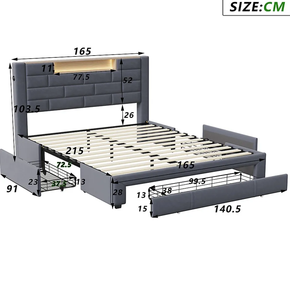 ProximaX Lit double 160x200cm - cadre de lit en velours avec 3 tiroirs, sommier à lattes et tête de lit LED avec port USB/C - Gris