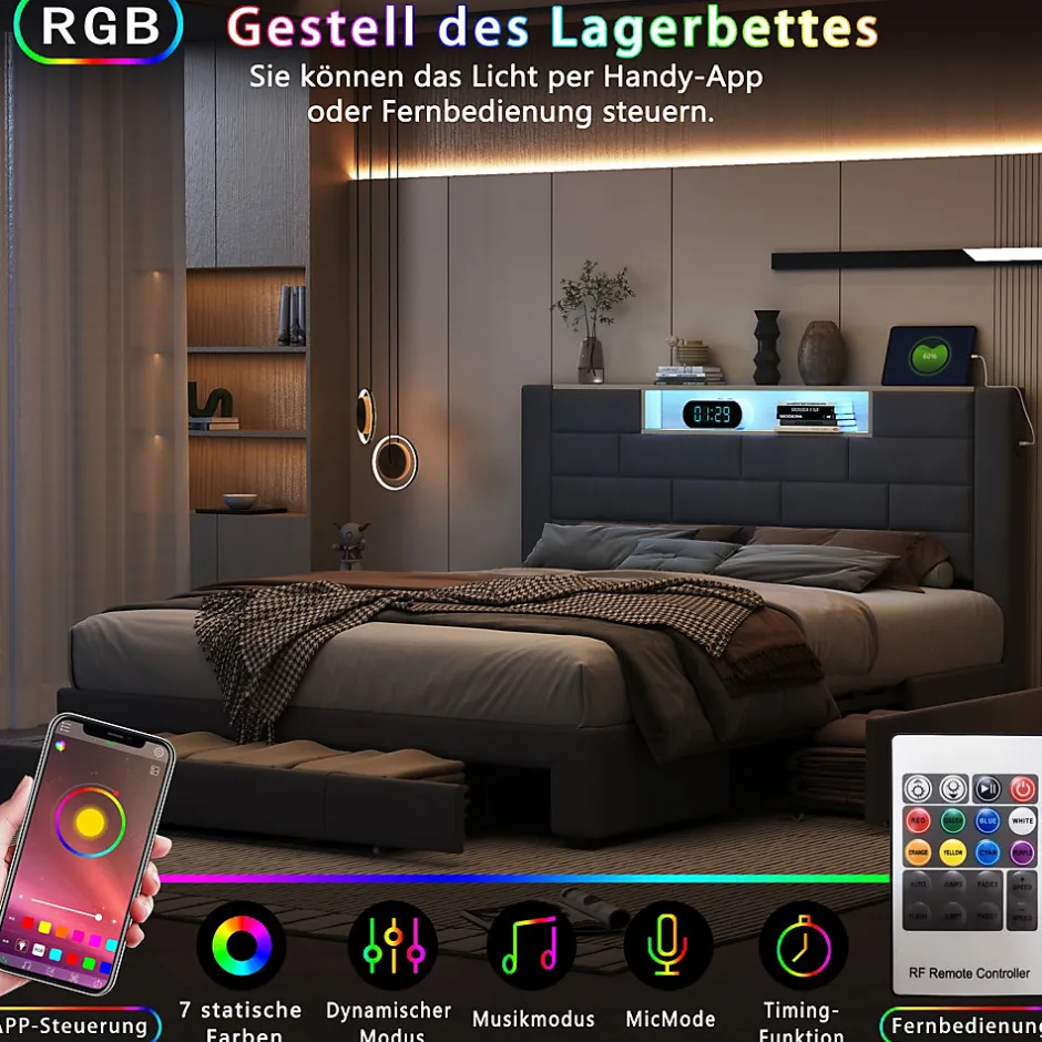 ProximaX Lit double 160x200cm - cadre de lit en velours avec 3 tiroirs, sommier à lattes et tête de lit LED avec port USB/C - Gris