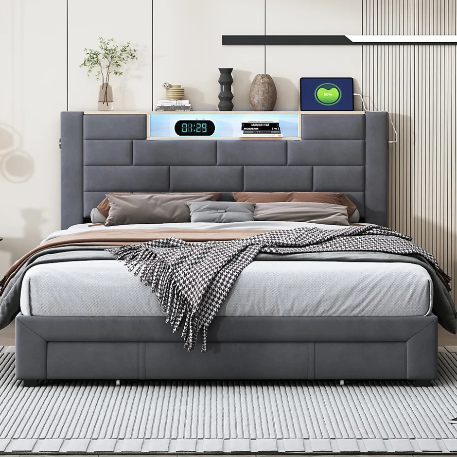ProximaX Lit double 160x200cm - cadre de lit en velours avec 3 tiroirs, sommier à lattes et tête de lit LED avec port USB/C - Gris
