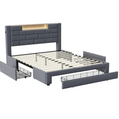 ProximaX Lit double 160x200cm - cadre de lit en velours avec 3 tiroirs, sommier à lattes et tête de lit LED avec port USB/C - Gris