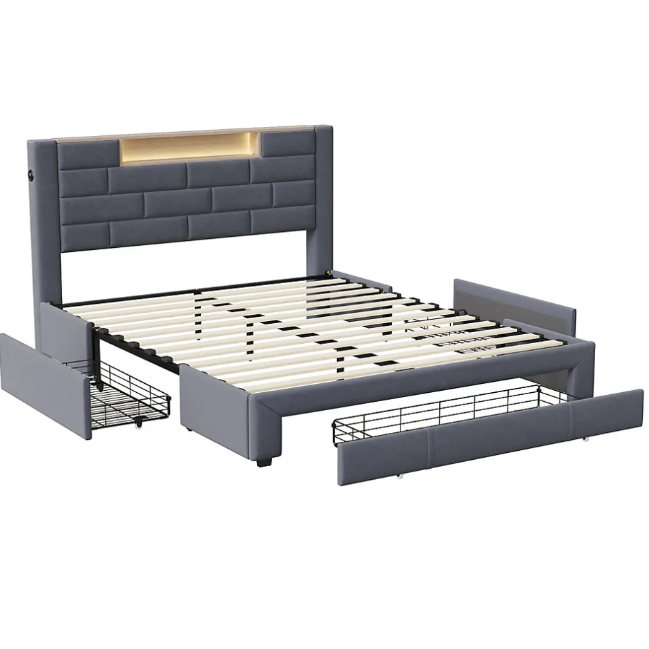 ProximaX Lit double 160x200cm - cadre de lit en velours avec 3 tiroirs, sommier à lattes et tête de lit LED avec port USB/C - Gris