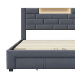ProximaX Lit double 160x200cm - cadre de lit en velours avec 3 tiroirs, sommier à lattes et tête de lit LED avec port USB/C - Gris