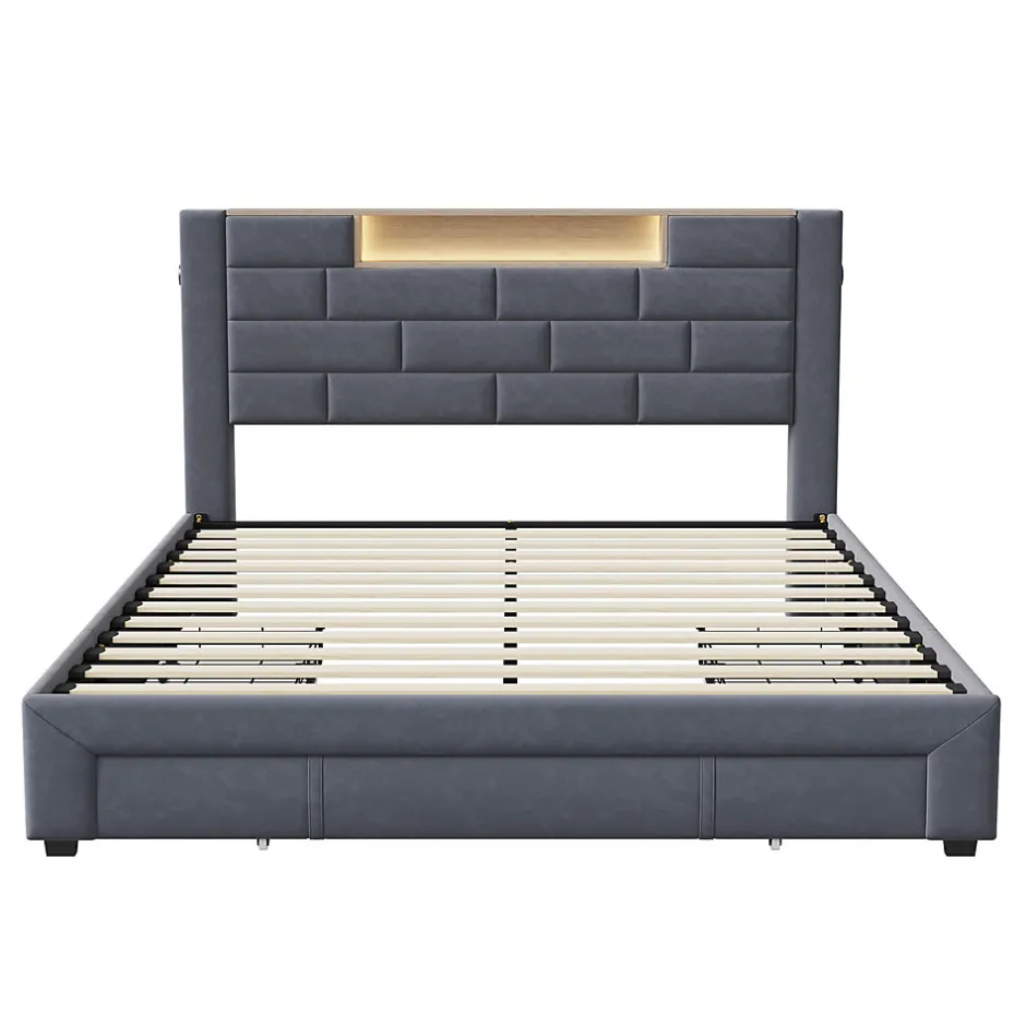ProximaX Lit double 160x200cm - cadre de lit en velours avec 3 tiroirs, sommier à lattes et tête de lit LED avec port USB/C - Gris