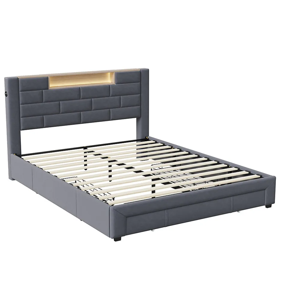 ProximaX Lit double 160x200cm - cadre de lit en velours avec 3 tiroirs, sommier à lattes et tête de lit LED avec port USB/C - Gris