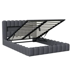 Generique Lit double 180x200cm avec rangements, lit de souche avec éclairage LED, lit capitonné lit adulte lit ado, lin gris