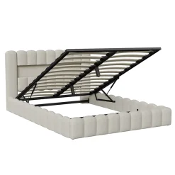 Generique Lit double 180x200cm avec rangements, lit de souche avec éclairage LED, lit capitonné lit adulte lit ado, lin beige Hot