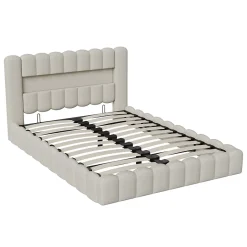 Generique Lit double 180x200cm avec rangements, lit de souche avec éclairage LED, lit capitonné lit adulte lit ado, lin beige Hot