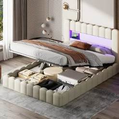 Generique Lit double 180x200cm avec rangements, lit de souche avec éclairage LED, lit capitonné lit adulte lit ado, lin beige Hot