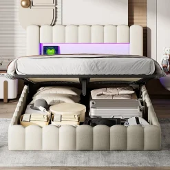 Generique Lit double 180x200cm avec rangements, lit de souche avec éclairage LED, lit capitonné lit adulte lit ado, lin beige Hot
