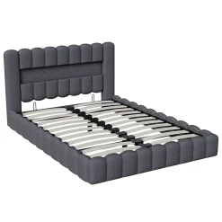 Generique Lit double 140x200cm avec rangements, lit de souche avec éclairage LED, lit capitonné lit adulte lit ado, lin gris Best
