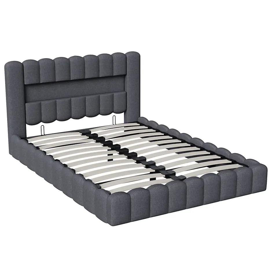 Generique Lit double 140x200cm avec rangements, lit de souche avec éclairage LED, lit capitonné lit adulte lit ado, lin gris Best
