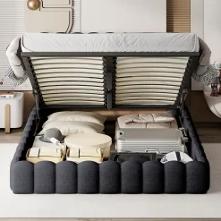 Generique Lit double 140x200cm avec rangements, lit de souche avec éclairage LED, lit capitonné lit adulte lit ado, lin gris Best