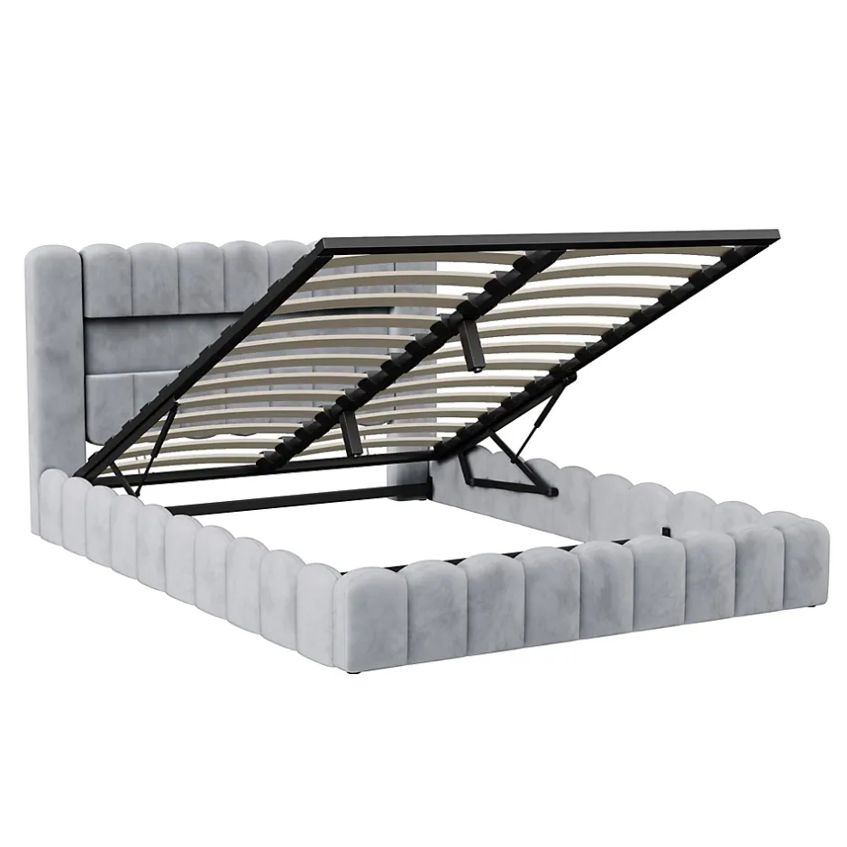 Simple Life Lit double 180x200cm avec rangements, lit de souche avec éclairage LED, lit capitonné lit adulte lit ado, lin gris Hot