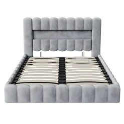 Simple Life Lit double 180x200cm avec rangements, lit de souche avec éclairage LED, lit capitonné lit adulte lit ado, lin gris Hot