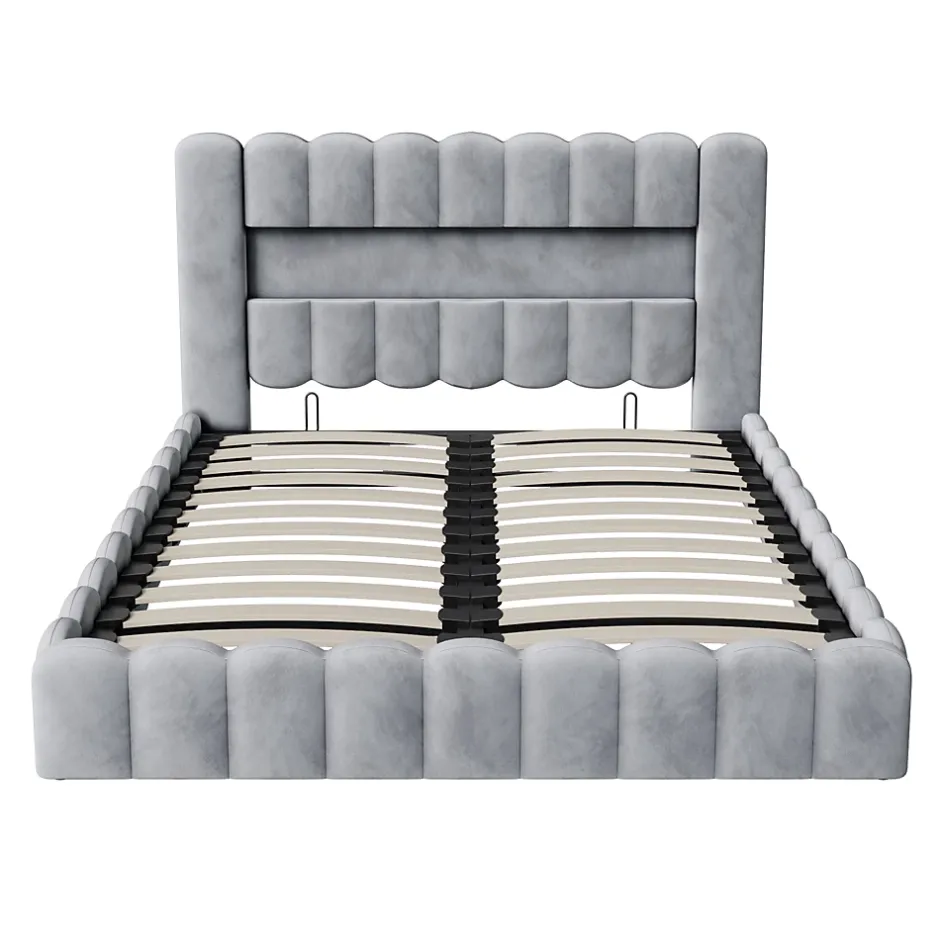 Simple Life Lit double 180x200cm avec rangements, lit de souche avec éclairage LED, lit capitonné lit adulte lit ado, lin gris Hot