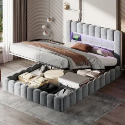 Simple Life Lit double 180x200cm avec rangements, lit de souche avec éclairage LED, lit capitonné lit adulte lit ado, lin gris Hot