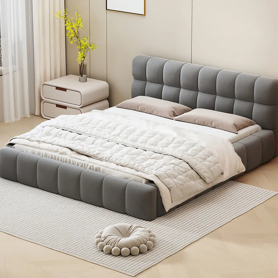 Fortuna lai Lit Double 160x200cm, Avec Sommier à Lattes Et Dossier, Avec Cadre Rembourré, Lin, Gris Outlet