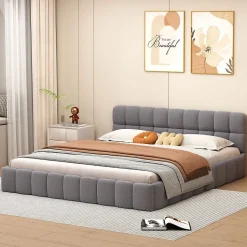 Fortuna lai Lit Double 160x200cm, Avec Sommier à Lattes Et Dossier, Avec Cadre Rembourré, Lin, Gris Outlet