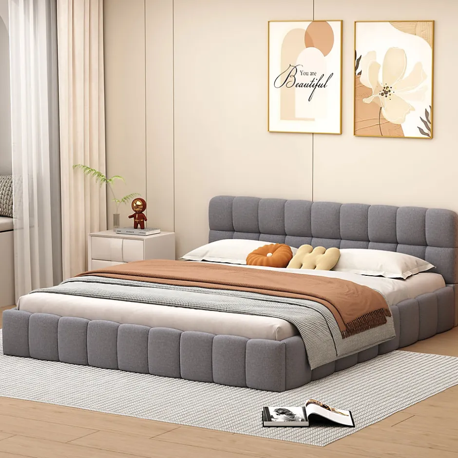 Fortuna lai Lit Double 160x200cm, Avec Sommier à Lattes Et Dossier, Avec Cadre Rembourré, Lin, Gris Outlet
