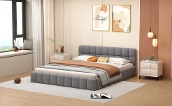 Fortuna lai Lit Double 160x200cm, Avec Sommier à Lattes Et Dossier, Avec Cadre Rembourré, Lin, Gris Outlet