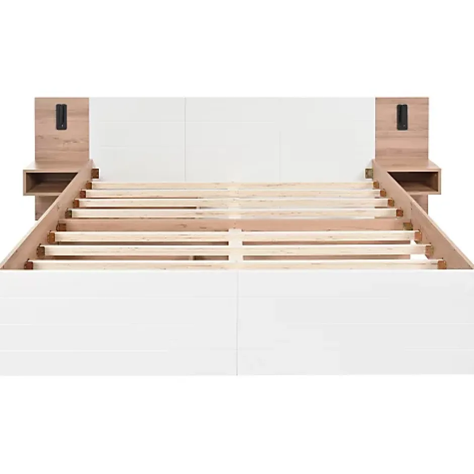ModernLuxe Lit double 140x200cm en bois - avec 2 chevets et 2 tiroirs - 2 liseuses avec prise USB - Blanc + Naturel (matelas non inclus) New