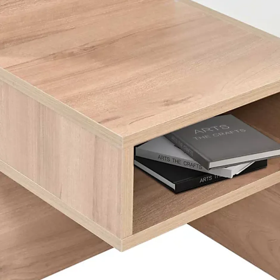 ModernLuxe Lit double 140x200cm en bois - avec 2 chevets et 2 tiroirs - 2 liseuses avec prise USB - Blanc + Naturel (matelas non inclus) New