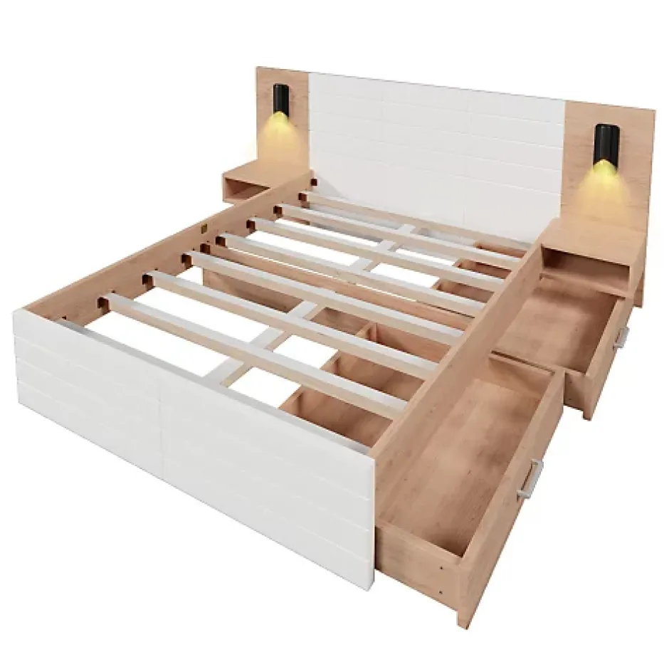 ModernLuxe Lit double 140x200cm en bois - avec 2 chevets et 2 tiroirs - 2 liseuses avec prise USB - Blanc + Naturel (matelas non inclus) New