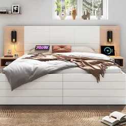 ModernLuxe Lit double 140x200cm en bois - avec 2 chevets et 2 tiroirs - 2 liseuses avec prise USB - Blanc + Naturel (matelas non inclus) New