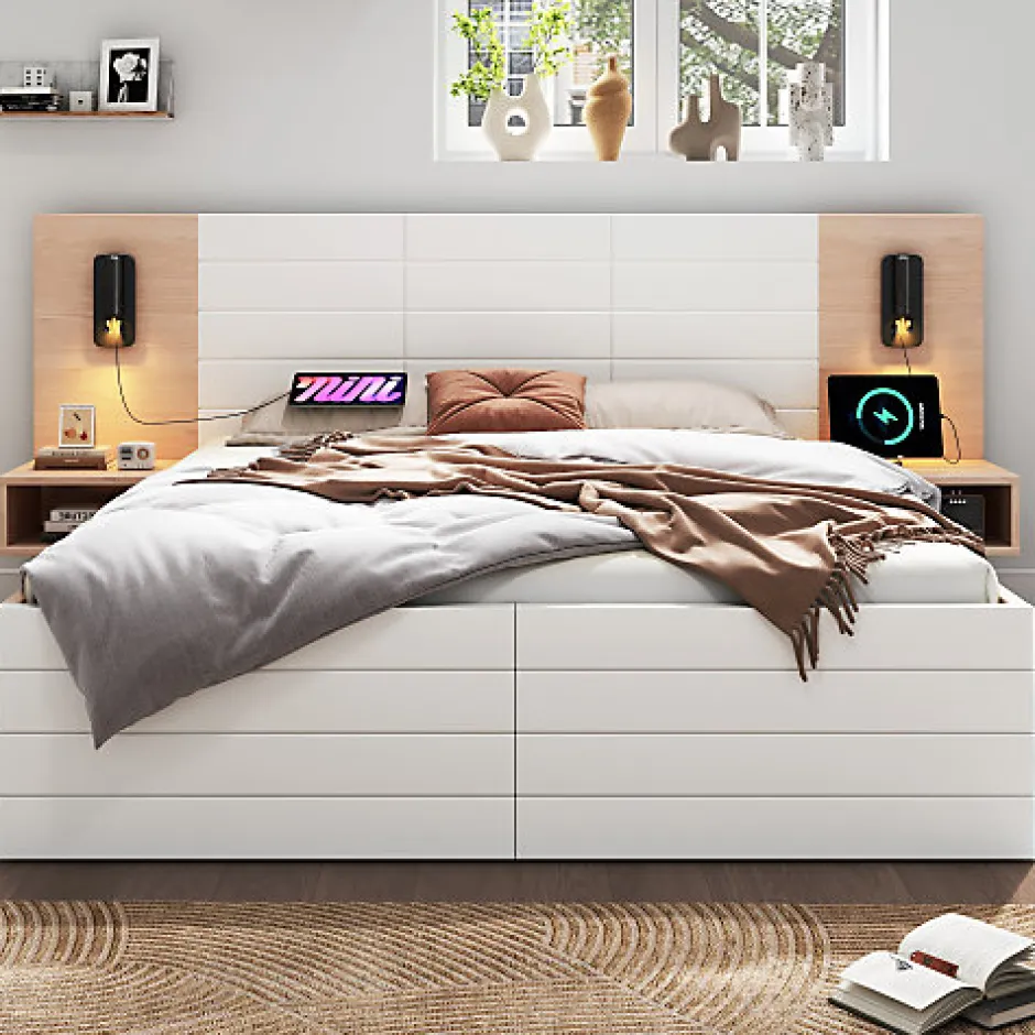 ModernLuxe Lit double 140x200cm en bois - avec 2 chevets et 2 tiroirs - 2 liseuses avec prise USB - Blanc + Naturel (matelas non inclus) New