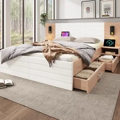 ModernLuxe Lit double 140x200cm en bois - avec 2 chevets et 2 tiroirs - 2 liseuses avec prise USB - Blanc + Naturel (matelas non inclus) New