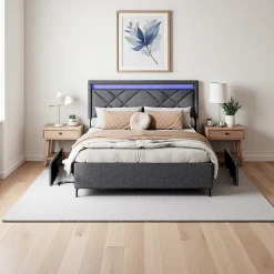 ProximaX Lit double 160x200cm en lin gris foncé avec LED, USB & Type-C, tête de lit moderne et 4 tiroirs métalliques de rangement