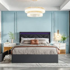 ProximaX Lit double 160x200cm en lin gris foncé avec LED, USB & Type-C, tête de lit moderne et 4 tiroirs métalliques de rangement