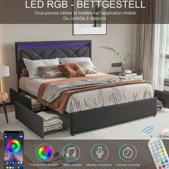 ProximaX Lit double 160x200cm en lin gris foncé avec LED, USB & Type-C, tête de lit moderne et 4 tiroirs métalliques de rangement
