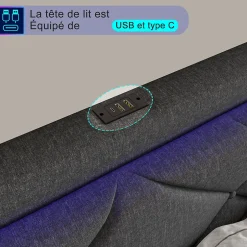 ProximaX Lit double 160x200cm en lin gris foncé avec LED, USB & Type-C, tête de lit moderne et 4 tiroirs métalliques de rangement