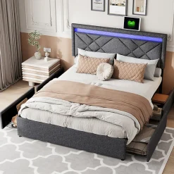 ProximaX Lit double 160x200cm en lin gris foncé avec LED, USB & Type-C, tête de lit moderne et 4 tiroirs métalliques de rangement