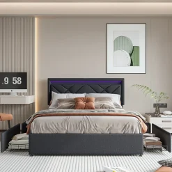 ProximaX Lit double 160x200cm en lin gris foncé avec LED, USB & Type-C, tête de lit moderne et 4 tiroirs métalliques de rangement